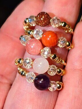 Handmade Wire Wrapped Gemstone Ring Gold Crystal Stackable Beaded Jewelry